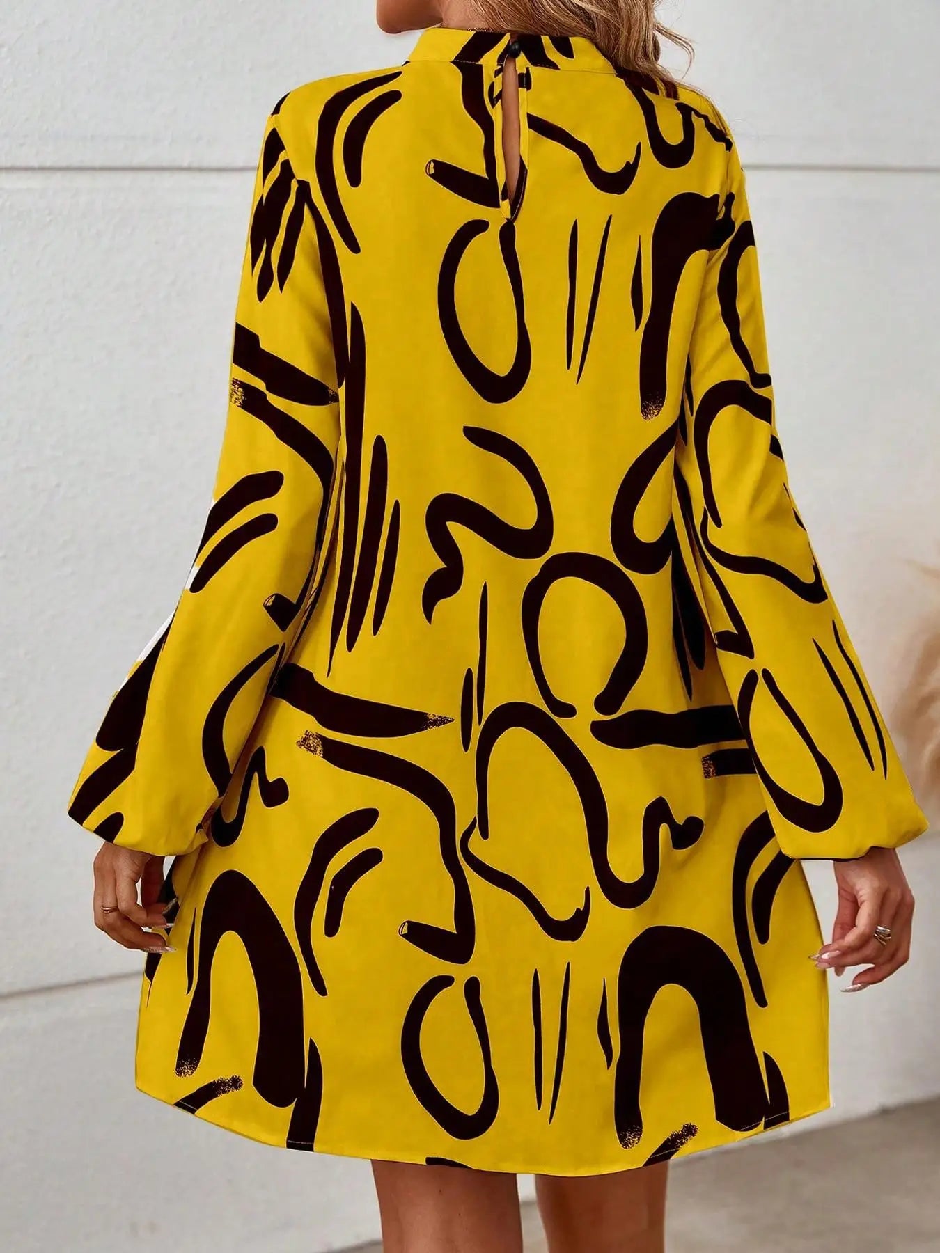 Women's All Over Print Keyhole Neckline Tunic Dress, Sleeve Short Dress for Fall & Winter, Women's Clothing for Daily Wear
