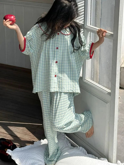 Girls Summer Ice Silk Short Sleeve Loungewear Set with Doll Collar for Home Outdoor and Air Conditioning Wear