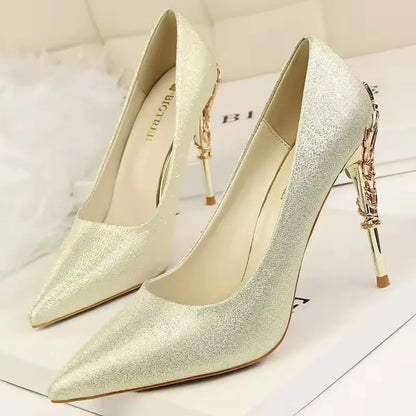 BIGTREE Shoes Women Pumps Flower Carved Metal Heel Women Shoes Fashion Wedding Shoes Satins Stilettos Heels 10 Cm High Heels