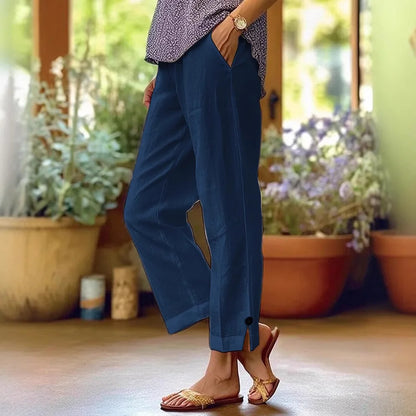Women's Casual Pants Cotton and Linen Blend Elastic Waist Pocket Fashion Simple Slit Button Basic Versatile Straight Leg Pants