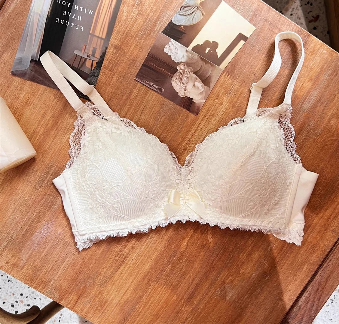 French Lace Bra Wireless Push Up Bralette for Small Bust Adjustable Straps Anti Sagging Support Sexy Lace Up Lingerie Panty Set