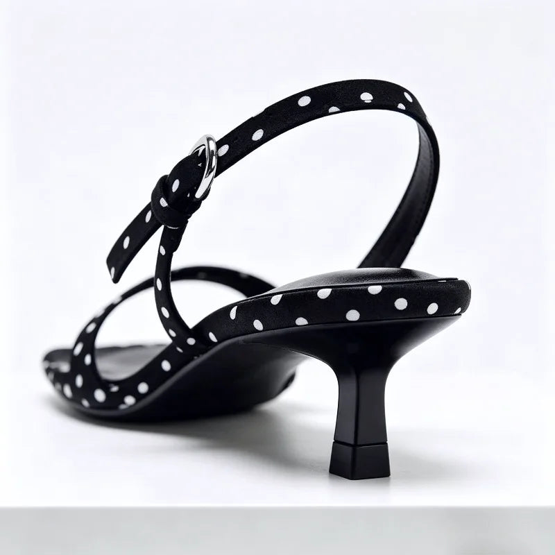 Luxury Satin Kitten Heel Women's Sandals Fashion Open Toe Back Strap High Heels Elegant Polka Dot Decoration Summer Casual Shoes