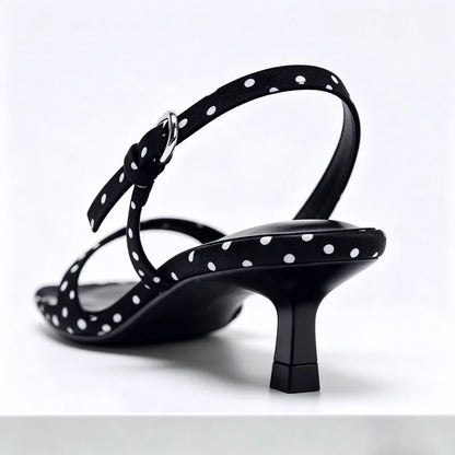 Luxury Satin Kitten Heel Women's Sandals Fashion Open Toe Back Strap High Heels Elegant Polka Dot Decoration Summer Casual Shoes