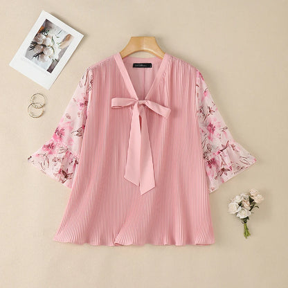 ZANZEA Women Elegant Plisse Blouses Floral Printed 3/4 Flared Sleeve Tops Summer Casual Loose Bow Detail V-Neck Blusas de Mujer