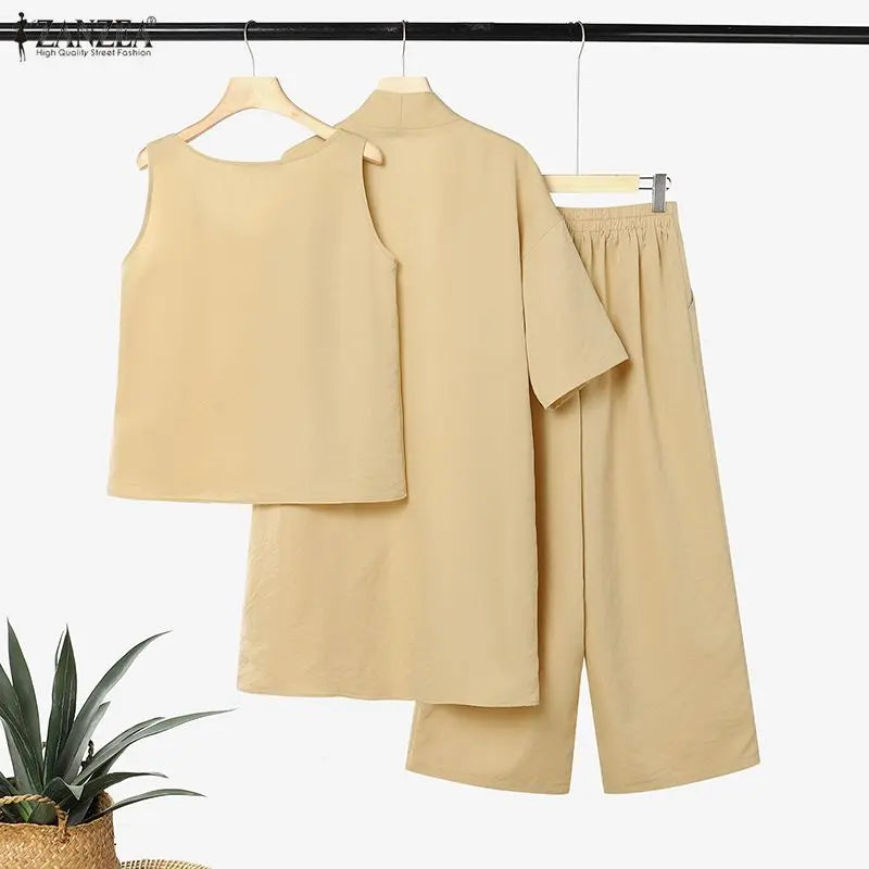 ZANZEA Feamle Cardigan Sleeveless Tanks Tops With Pants Stylish Women 3 Pieces Sets Casual Holiday Outfits Solid Color Tracksuit