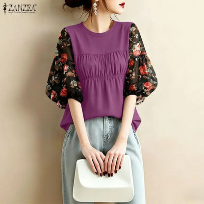 ZANZEA Women's Summer Elegant Blouses Floral Printed 3/4 Lantern Sleeve Patchwork Tops Feminine O-Neck Shirred Blusas de Mujer