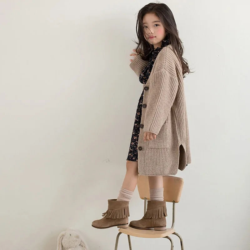 2025 New Girls' Chunky Yarn Knit Cardigan Autumn/Winter Kids' Plus Size Korean Style Mid-Length Knit Jacket