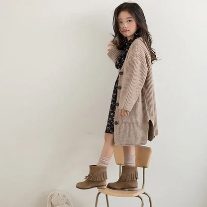 2025 New Girls' Chunky Yarn Knit Cardigan Autumn/Winter Kids' Plus Size Korean Style Mid-Length Knit Jacket