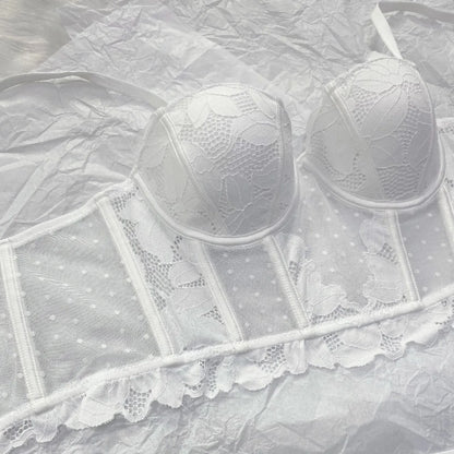 French Lace Embroidery Long Push Up Bra Set Sexy Women Underwear Fish Bone Body Shaper Top Breathable Brassiere and Panties Set