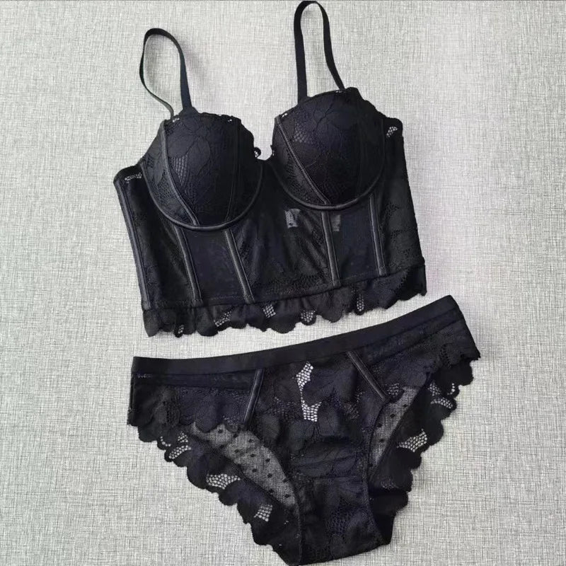French Lace Embroidery Long Push Up Bra Set Sexy Women Underwear Fish Bone Body Shaper Top Breathable Brassiere and Panties Set