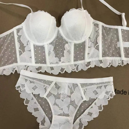 French Lace Embroidery Long Push Up Bra Set Sexy Women Underwear Fish Bone Body Shaper Top Breathable Brassiere and Panties Set