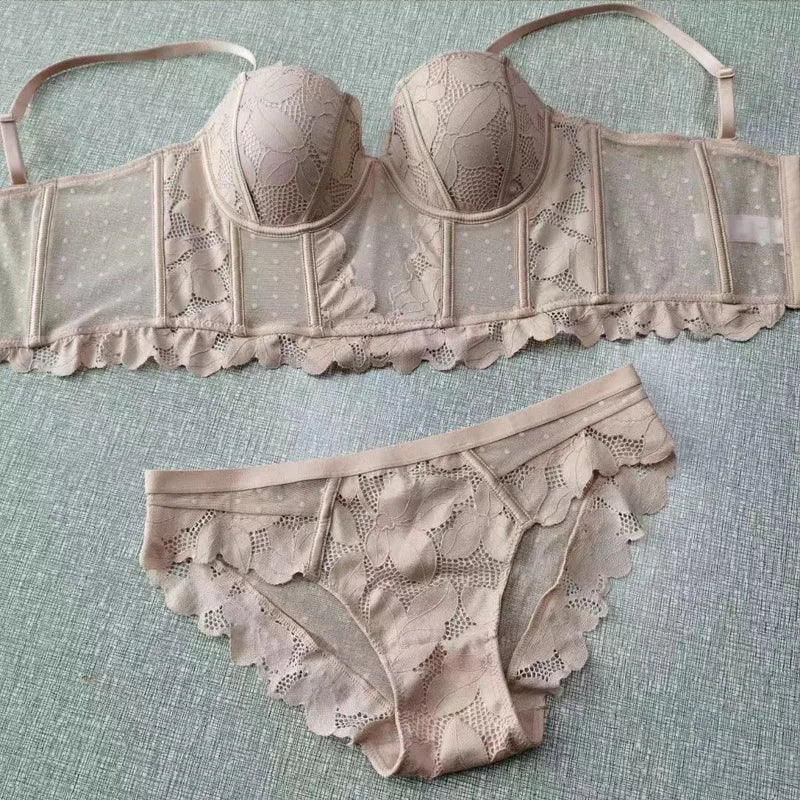 French Lace Embroidery Long Push Up Bra Set Sexy Women Underwear Fish Bone Body Shaper Top Breathable Brassiere and Panties Set